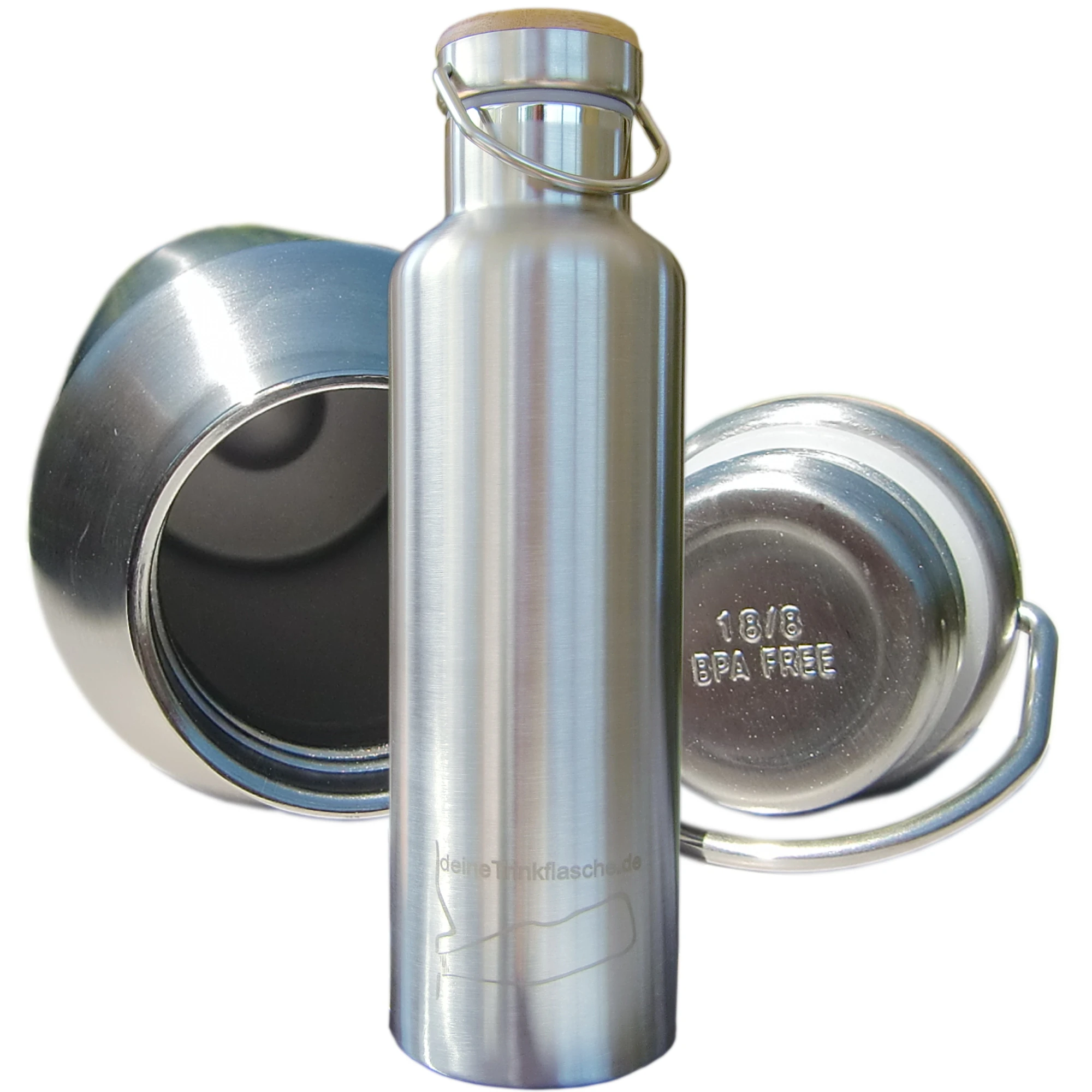 Thermie-Edelstahlflasche 0,5 Liter Silberne Edelstahlflasche mit Ansicht nach innen und Deckelansicht von unten