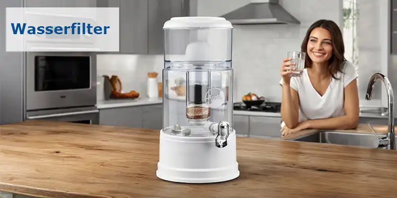 Ein Wasserfilter ohne Strum und Wasseranschluss steht auf einer Arbeitsplatte