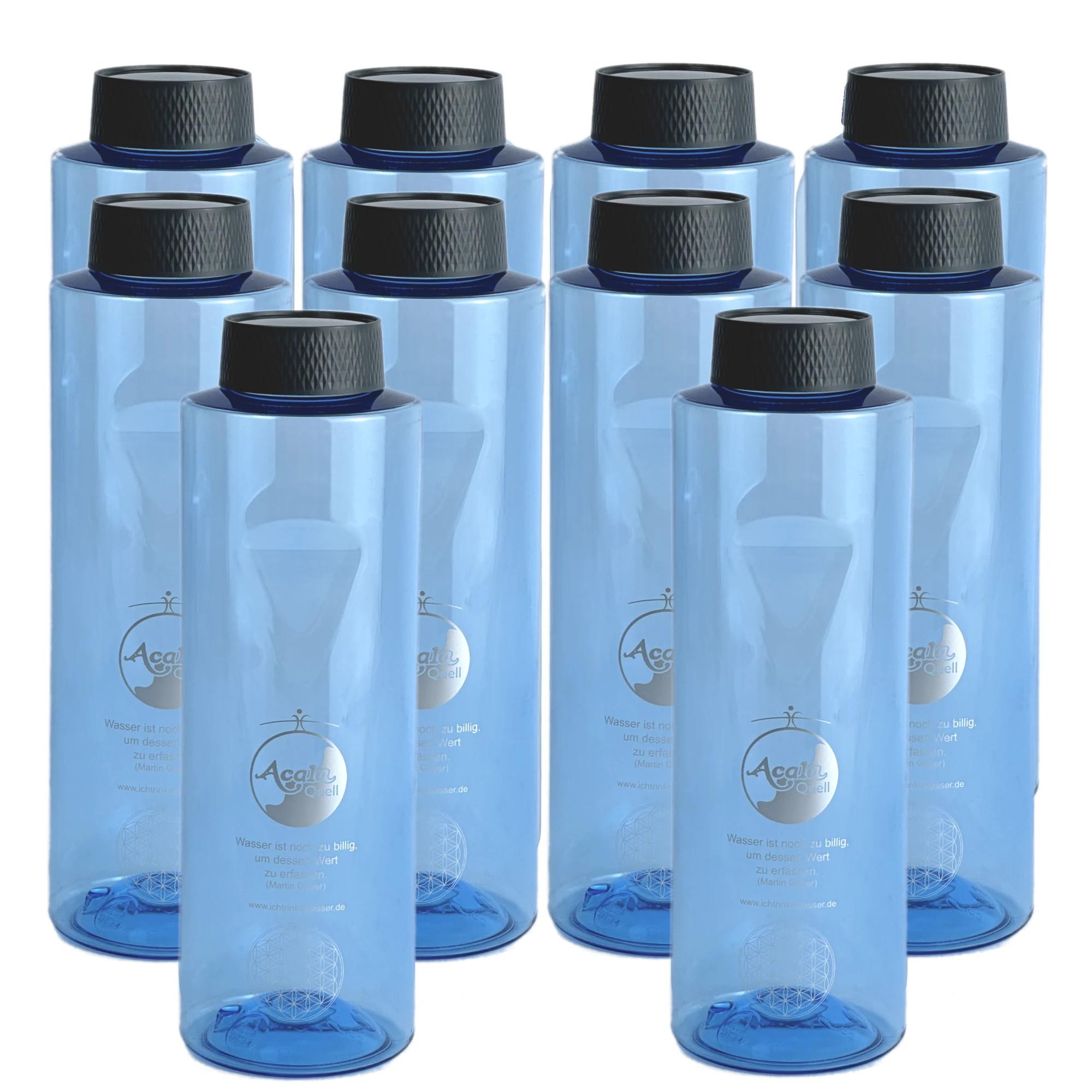 Zehn Tritan Trinkflaschen Grip 0,8L in blau mit grauem Schraubdeckel vor weißem Hintergrund.