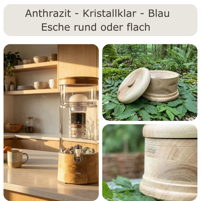 Übersicht AcalaQuell MIDI Wasserfilter in klarem Glas mit flachem und rundem Deckel sowie Sockel aus Esche-Echtholz.