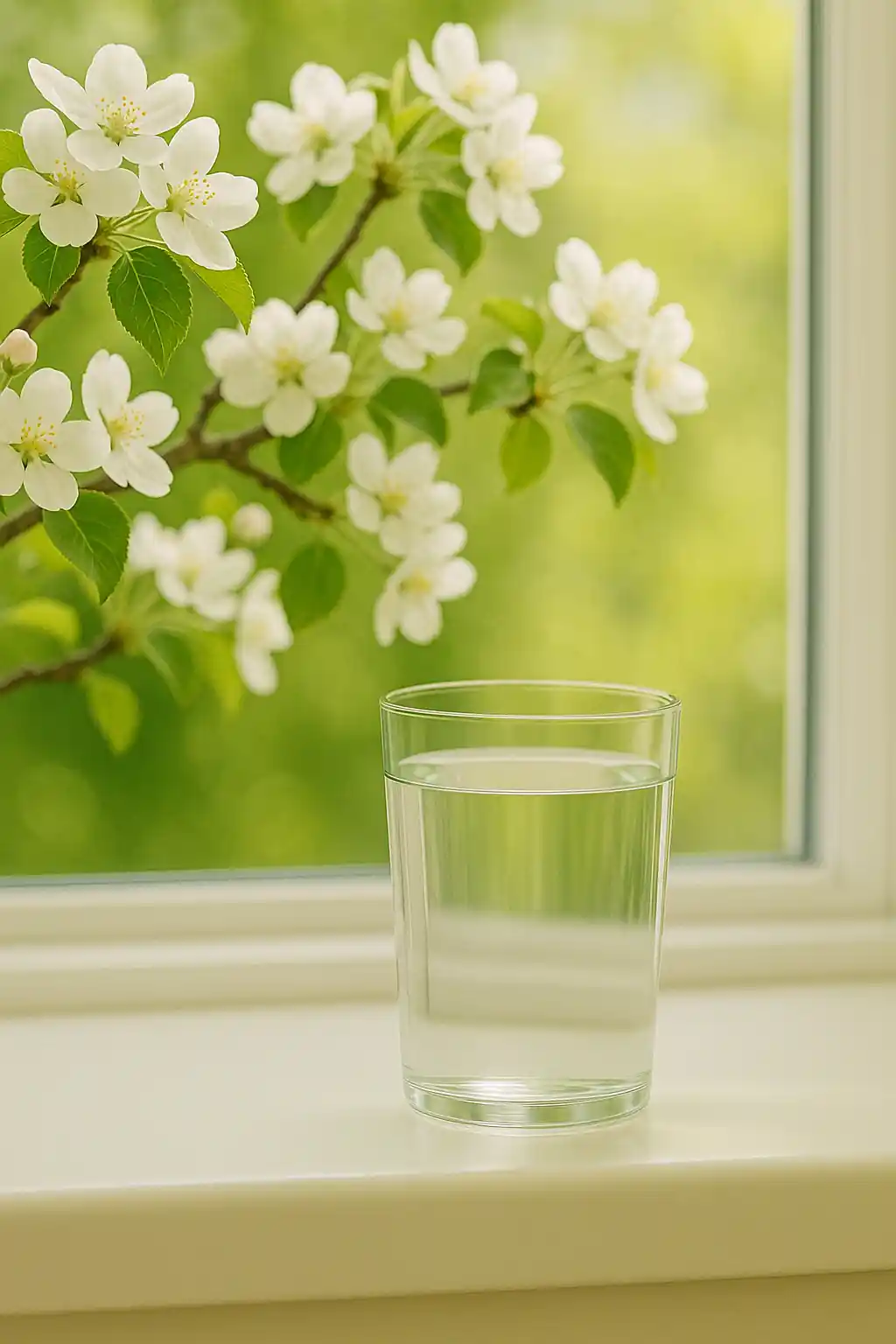 Ein glas Wasser auf einem Fensterbrett,vor dem fenster ein blühender Apfelbaum