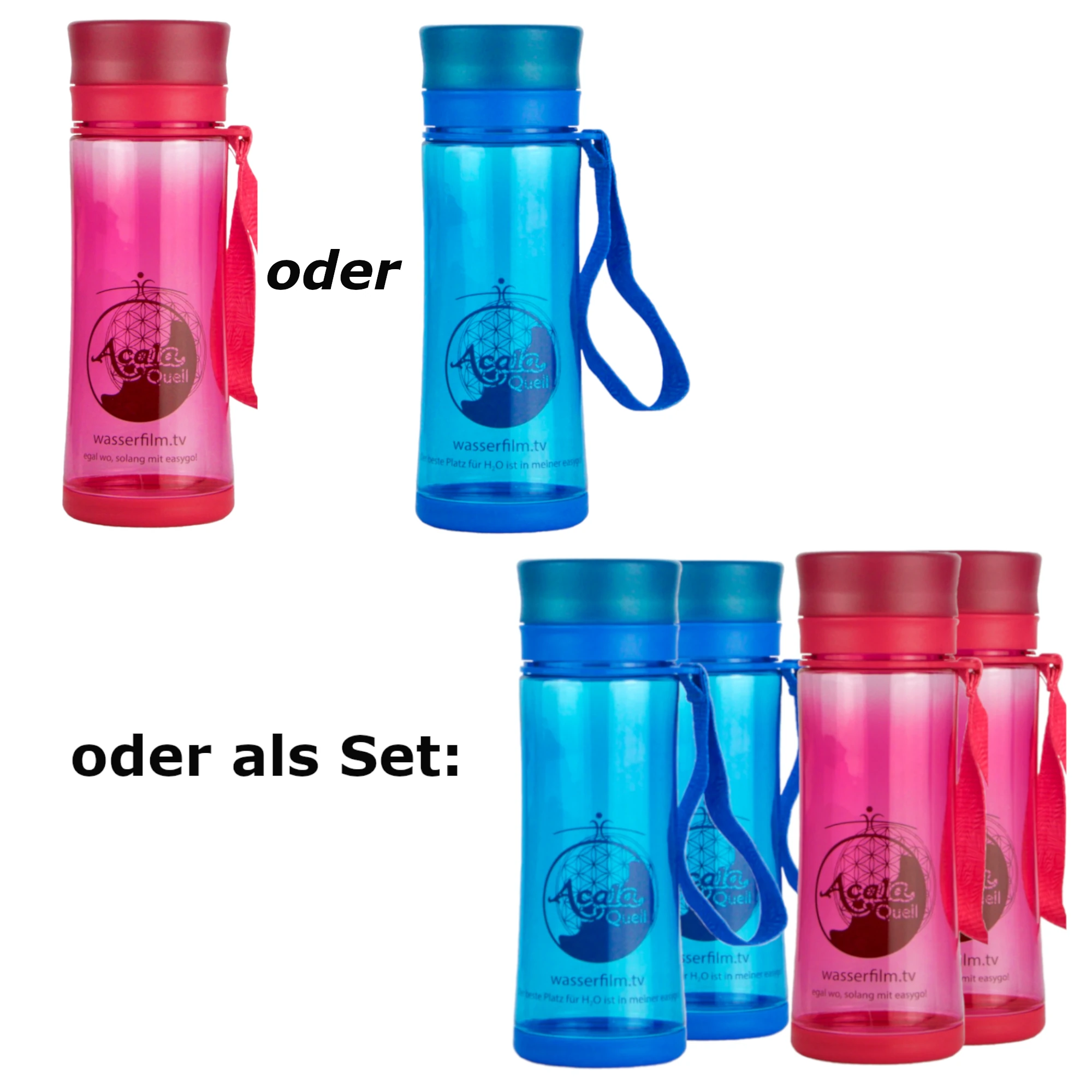 Zu sehen sind blaue und pinke Tritan Trinkflaschen. Das Bild zeigt die Auswahlmöglichkeiten der Easygo Flaschen von Acala einzeln oder als Set.