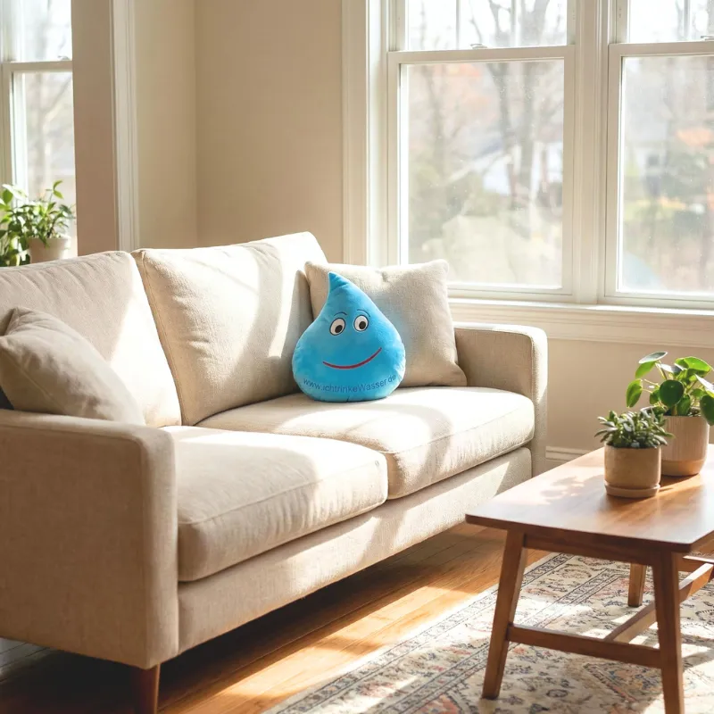 Ein Kisten in Tropfenform mit Smiley Gesicht sitzt auf dem Sofa in der Ecke