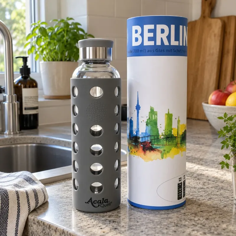 Glasflasche Berlin von Acala In einer Küche daneben steht die Röhrenförmige Verpackung auf der Die Skyline von Berlin zu sehen ist und am Deckel steht Berlin